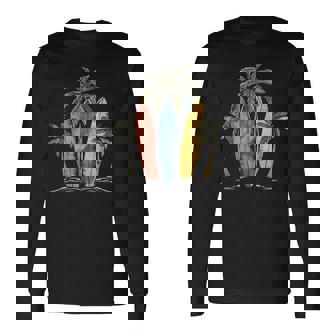 サーファー ヴィンテージ サーフボード ヤシの木 ビーチ サーフィン 長袖Tシャツ - Kawaiitshirt