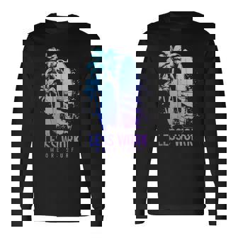 サーフィン ヴィンテージ サーフボード ヤシの木 ビーチ 面白い サーファー 長袖Tシャツ - Kawaiitshirt