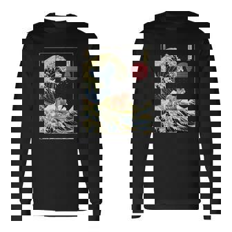 シェトランド 羊 シェルティ 和 神奈川波 おもしろ サーフ 犬 長袖Tシャツ - Kawaiitshirt