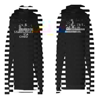 シカゴのスカイライン カラフル 街並み シカゴ 長袖Tシャツ - Kawaiitshirt