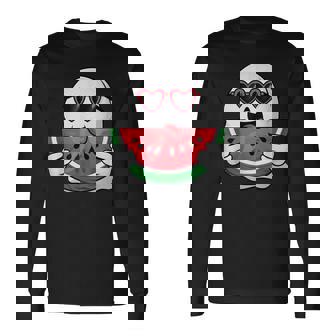 スイカを食べるかわいい幽霊 サマーウィーン ハロウィンコスチューム 長袖Tシャツ - Kawaiitshirt