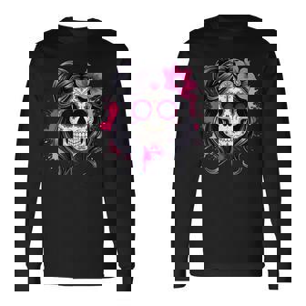 スタイリッシュなマゼンタ サクラ ムエルテ スカルデザイン Dia De Los Muertos 長袖Tシャツ - Kawaiitshirt