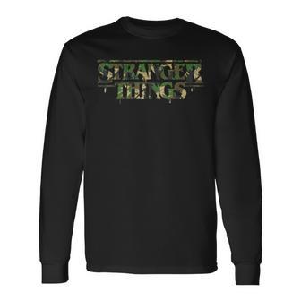 ストレンジャー・シングス ロゴ 迷彩 デモゴルゴン アンティーク調 逆さま 長袖Tシャツ - Kawaiitshirt