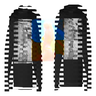 セクシーガールグラフィックtシャツ 「モダンピンナップガール&ウクライナ国旗2」 長袖Tシャツ - Kawaiitshirt