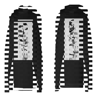 セクシーガールグラフィックtシャツ セクシーブルネットピンナップガール B&W 長袖Tシャツ - Kawaiitshirt