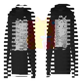 トラ猫とボバ茶のかわいいかわいい猫のグラフィック 長袖Tシャツ - Kawaiitshirt