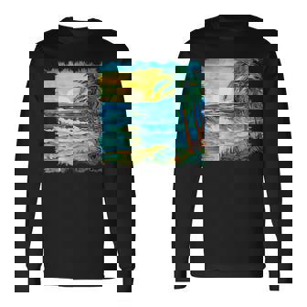 トロピカルビーチ 太陽 オーシャン ヤシの木 ゴッホスタイル アートデザイン 長袖Tシャツ - Kawaiitshirt