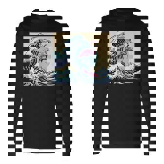 トロピカルピンク フラミンゴ グレートビッグウェーブサーファー オーシャンビーチ 長袖Tシャツ - Kawaiitshirt