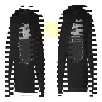 ドージコイン 胸ポケットの中にクリプト ミーム ドッグミーム ロゴ ドージコイン 長袖Tシャツ - Kawaiitshirt