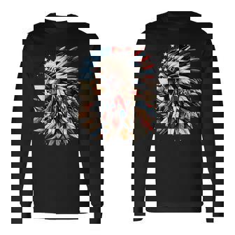 ネイティブアメリカン インディアン チーフ アメリカ国旗 先住民 長袖Tシャツ - Kawaiitshirt