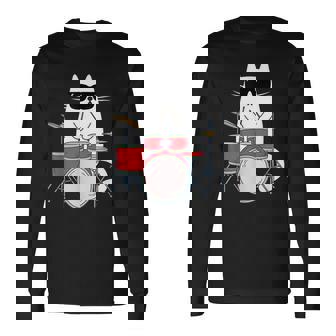 ネコとドラム 猫とサングラス ネコ好き 猫飼い 愛猫家 ドラム ドラムセット バンド ジャズ音楽 ねこ ネコ 猫 長袖Tシャツ - Kawaiitshirt