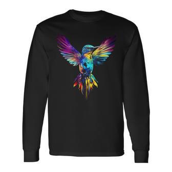 ハチドリ カラフル アート 動物 グラフィック 鳥 ハチドリ 長袖Tシャツ - Kawaiitshirt