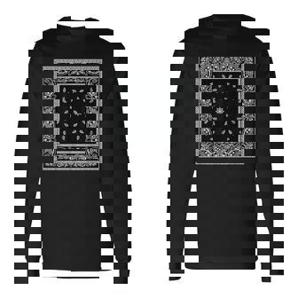 メンズ ブラック ホワイト バンダナ プリント ブラック ペイズリー柄 長袖Tシャツ - Kawaiitshirt