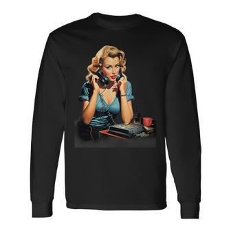 ピンナップガール ヴィンテージ電話 オールドスクール 長袖Tシャツ - Kawaiitshirt
