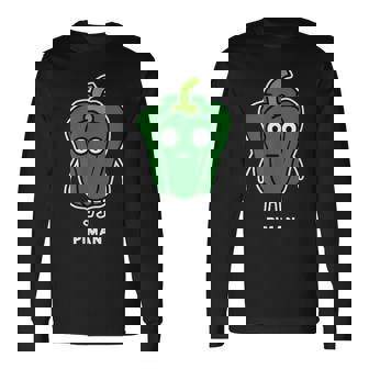 ピーマン 顔 イラスト かわいい おもしろ 面白い 簡単 シンプル ゆるい 野菜 長袖Tシャツ - Kawaiitshirt