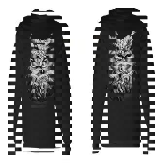 フクロウ 肖像画 アートワーク 図面 動物愛好家 アニマルプリント 長袖Tシャツ - Kawaiitshirt