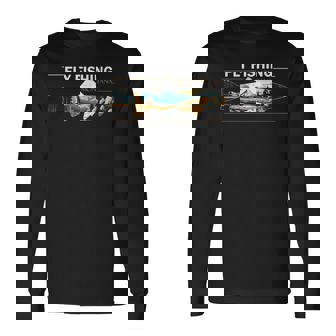 フライフィッシング モンタナ レトロ 風景 トラウト シルエット 長袖Tシャツ - Kawaiitshirt