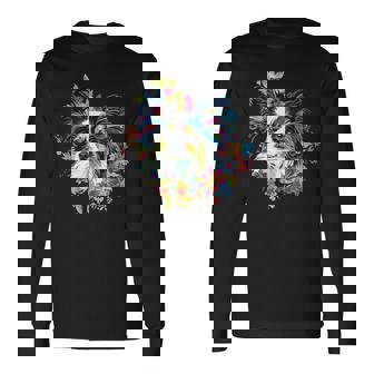 フローラル・ポップ・アート カラフルなパピヨン 長袖Tシャツ - Kawaiitshirt