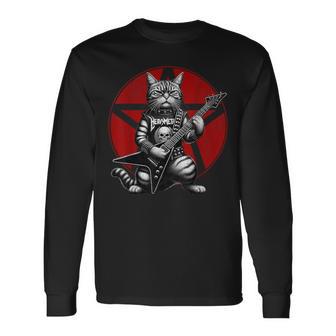 ヘヴィメタル猫とデスメタルミュージック メタルヘッド ロックギター 長袖Tシャツ - Kawaiitshirt