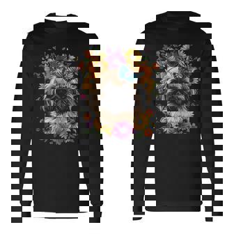 ペキニーズ犬 キュート 花柄 ひまわり コテージコア ママ お父さん 長袖Tシャツ - Kawaiitshirt