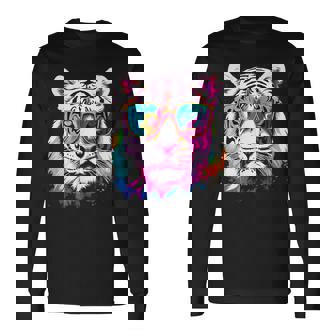 ホワイトタイガー サングラス カラフル アート 動物 虎 長袖Tシャツ - Kawaiitshirt
