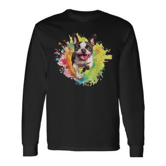 ボストンテリア 恋人 カラフル スプラッシュアート ボストンテリア 長袖Tシャツ - Kawaiitshirt