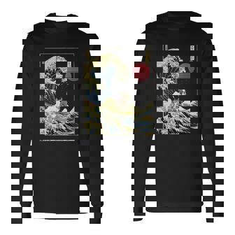 ボストンテリア 日本神奈川波 おもしろサーフドッグ 長袖Tシャツ - Kawaiitshirt