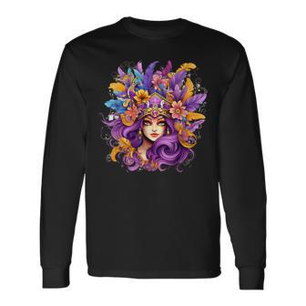 マルディグラ フェザー パープル マスク グリーン ニューオーリンズ 長袖Tシャツ - Kawaiitshirt