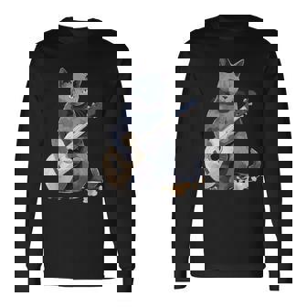 ミュージシャン ロシアンブルー猫 ギタリスト 猫とギター 長袖Tシャツ - Kawaiitshirt