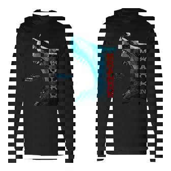 メガロドン モチーフ 原始のサメ サメ 鮫 略奪的な魚 背びれ メガロドン 長袖Tシャツ - Kawaiitshirt