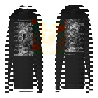 ヨークシャーテリア、ボーホースタイルのグラフィックの周りに多肉植物が描かれています。 長袖Tシャツ - Kawaiitshirt