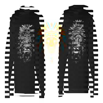 ライオン インディアン ヘッドドレス 羽 部族 ライオン 長袖Tシャツ - Kawaiitshirt