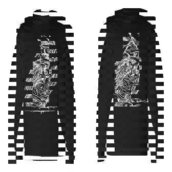 ラインアート 鳥・鳥類学者 オオツノフクロウ 長袖Tシャツ - Kawaiitshirt