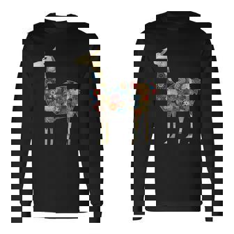 ラマ アルパカ フローラル カラフル 花 ペルーのお土産 長袖Tシャツ - Kawaiitshirt