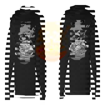 ラーメンたぬき タヌキ おもしろ ユニーク 動物 アニマル 狸 漢字 麺 グラフィック イラスト アニメ 長袖Tシャツ - Kawaiitshirt