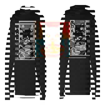 ラーメンと黒猫 和風ビンテージ 長袖Tシャツ - Kawaiitshirt