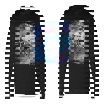 レインボーギャラクシー 宇宙に乗るサメに乗る猫 長袖Tシャツ - Kawaiitshirt