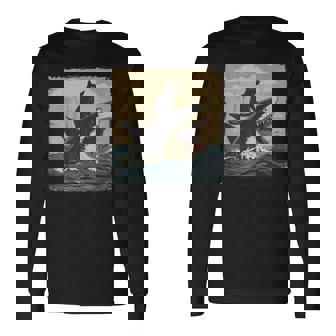 レトロ 猫 噛む サメ ユーモラス 猫 駄洒落 ミーム 猫s サメ 長袖Tシャツ - Kawaiitshirt