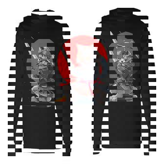 レトロな日本の侍猫グラフィック 猫愛好家 長袖Tシャツ - Kawaiitshirt