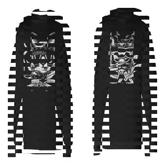 レトロな猫 サングラス付き 喫煙 大麻 雑草 葉 長袖Tシャツ - Kawaiitshirt