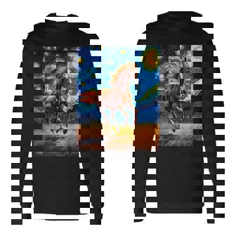 ヴァンゴッホの星空の夜ワイルドホースマスタングアニマル愛好家 長袖Tシャツ - Kawaiitshirt