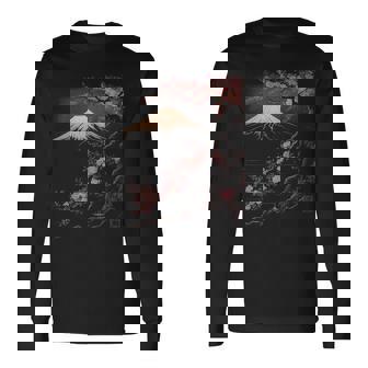 ヴィンテージ 桜 富士山 日本アート 日本 グラフィック 長袖Tシャツ - Kawaiitshirt