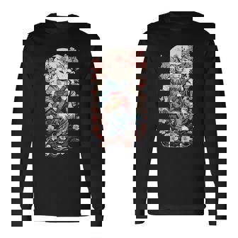 三味線猫 ヴィンテージ 日本 鬼 デザイン 長袖Tシャツ - Kawaiitshirt