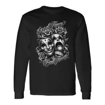 今笑って、後で泣こう。タトゥー チカーノ・アート ピエロの仮面 ローライダー 長袖Tシャツ - Kawaiitshirt