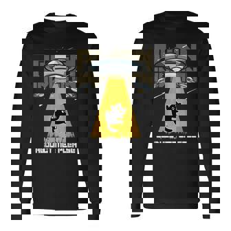 宇宙人 侵略 Abduct Me Please 宇宙船 おもしろ猫 Ufo 長袖Tシャツ - Kawaiitshirt