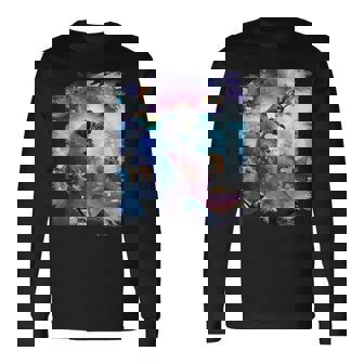 宇宙猫 乗馬サメ ギャラクシー レインボーキャット オンシャークス 長袖Tシャツ - Kawaiitshirt