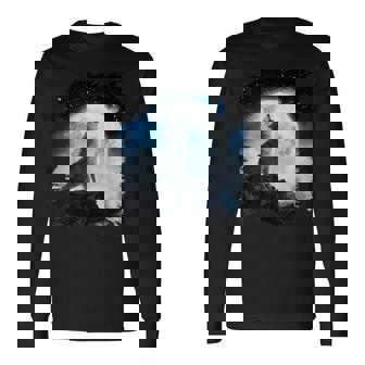 宇宙空間 オオカミ 月に遠吠えするオオカミ 長袖Tシャツ - Kawaiitshirt