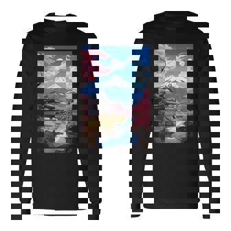 寺と富士山のある日本の風景 長袖Tシャツ - Kawaiitshirt