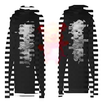 帽子とスカーフを着た豚のクリスマスプレゼント 長袖Tシャツ - Kawaiitshirt