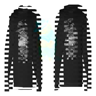 帽子をかぶった面白い太った猫 Ia アート デザイン太った子猫猫愛好家 長袖Tシャツ - Kawaiitshirt